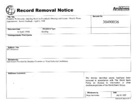 President Wolfensohn - Briefing Book for President's Meetings and Events - Weekly Phone Appointme...