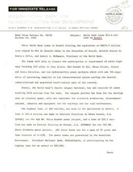 Economic Committee Papers - Brazil - IBRD - Bank Press Release Number 68/58 - World Bank Lends 74...