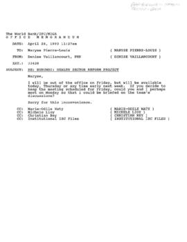 Population, Health and Nutrition [PHN] - Burundi - Health - General - 1993 Correspondence - Volume 1