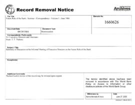 Future Role of the Bank - Seminar - Correspondence - Volume 1 - June 1984