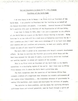 President A. W. Clausen Itinerary - Briefing files - Kenya - Correspondence - Volume 1