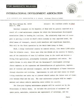 Economic Committee Papers - Chad - IDA Press Release Number 68/19 - 4.1 Million Credit to Chad