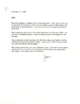 President Wolfensohn - Briefing Book for President's Meetings and Events - Filming on Girls Educa...