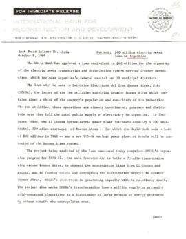 Economic Committee Papers - Argentina - IBRD - Bank Press Release Number 69/64 - 60 Million Elect...