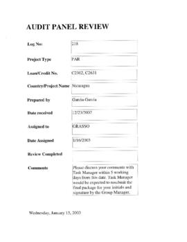 Nicaragua - Correspondence File - Project Evaluation - Project Performance Audit Report [PPAR] - ...