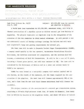 Economic Committee Papers - Bolivia - IBRD - Bank Press Release Number 69/55 - 23,250,000 Loan fo...