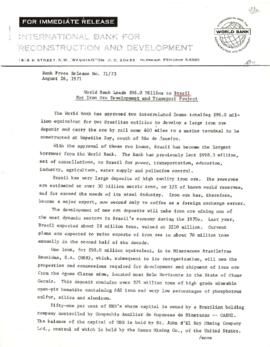 Economic Committee Papers - Brazil - IBRD - Bank Release Number 71/73 - World Bank Lends 96 Milli...