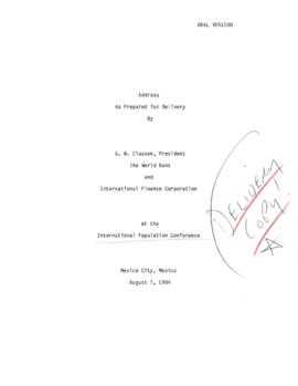 President A. W. Clausen Itinerary / Briefing files: Mexico, March 1982 and August 1984 - Correspo...