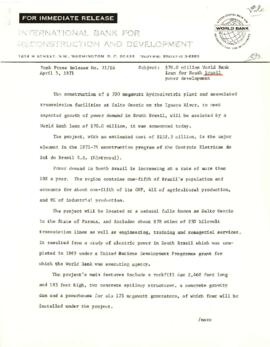 Economic Committee Papers - Brazil - IBRD - Bank Press Release Number 71/16 - 70 Million World Ba...