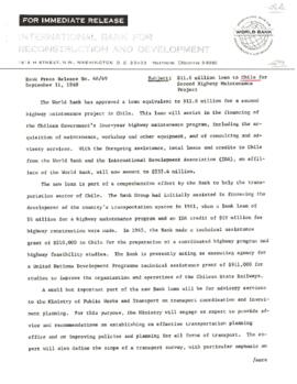 Economic Committee Papers - Chile - IBRD - Bank Press Release Number 68/49 - 11.6 Million Loan to...