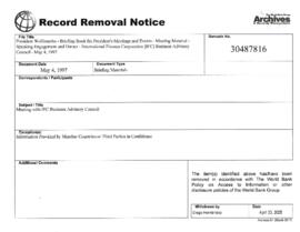 President Wolfensohn - Briefing Materials for President's Speeches - Speaking Engagement and Dinn...