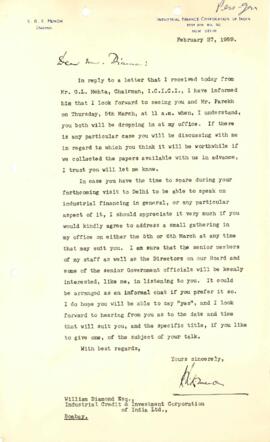 William Diamond Chronological files, India, Industrial Credit and Investment Corporation - 1959-0...