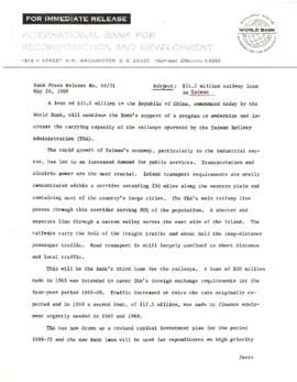 Economic Committee Papers - Taiwan - IBRD - Bank Press Release Number 69/31 - 31.2 Million Railwa...