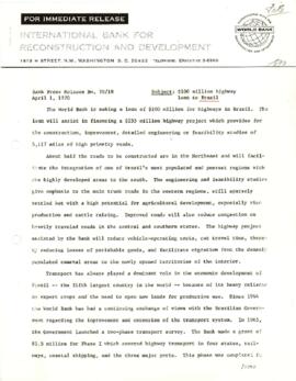 Economic Committee Papers - Brazil - IBRD - Bank Press Release Number 70/18 - 100 Million Highway...