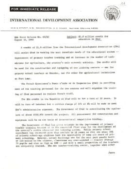 Economic Committee Papers - Chad - IDA Press Release Number 68/20 - 1.8 Million Credit for Educat...
